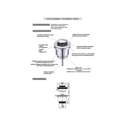 VÁLVULA AUTOMÁTICA CLICK CLACK SKY BATH TAPÓN Ø 37 CROMO