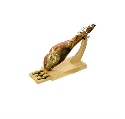 JAMONERO HORIZONTAL CON 2 CUCHILLOS, CHAIRA Y TABLA CORTE MADERA