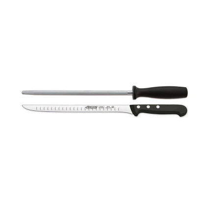 SET CUCHILLO JAMONERO ALVEOLADO + CHAIRA ARCOS INOX