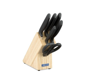 JUEGO 5 CUCHILLOS + TIJERA EN TACO DE MADERA ARCOS