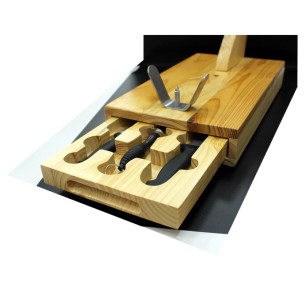 JAMONERO HORIZONTAL CON 2 CUCHILLOS, CHAIRA Y TABLA CORTE MADERA