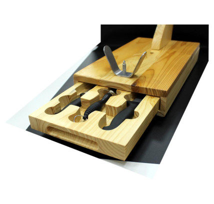 JAMONERO HORIZONTAL CON 2 CUCHILLOS, CHAIRA Y TABLA CORTE MADERA