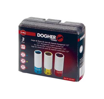 JUEGO 3 LLAVES VASO IMPACTO HEXAGONAL DOGHER 1/2" LLANTAS ALUMINIO 575-001