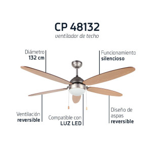 VENTILADOR TECHO ORBEGOZO CP-48132 60W 132CM ASPAS REVERSIBLES 3 VELOCIDADES