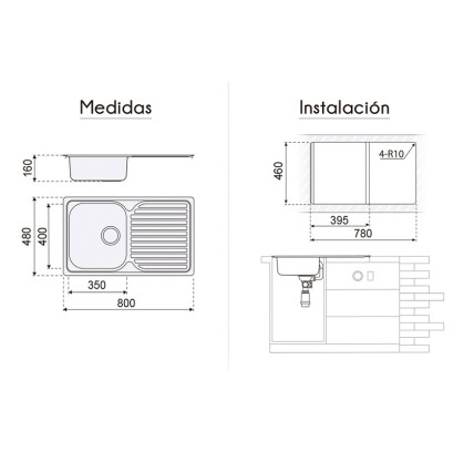 FREGADOR PLASTIMODUL VIENA SOBRE ENCIMERA 1S 1E 80X48 INOX