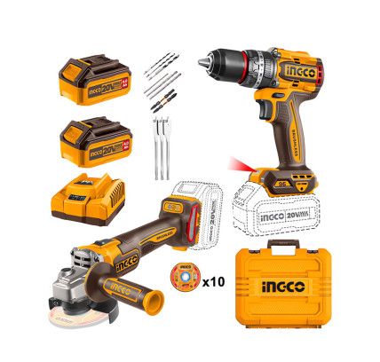 PACK AMOLADORA + TALADRO INGCO CON ACCESORIOS (10 DISCOS CORTE 115MM + 47 ACCESORIOS + 2 BATERÍAS 4.0 AH + CARGADOR P20S)