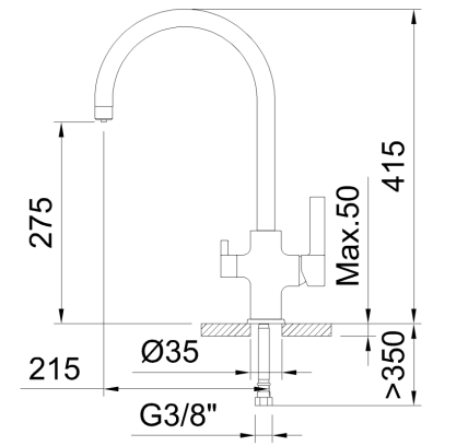 GRIFO DE COCINA MONOMANDO 275MM 3 VÍAS CON 2 MANDOS Y 2 SALIDAS DE AGUA PARA EQUIPOS DE TRATAMIENTO SQUARE ECONATURE COLD OPEN