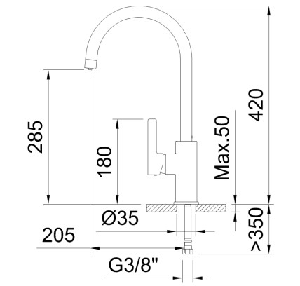 GRIFO DE COCINA MONOMANDO 285MM 3 VÍAS CON 1 MANDO Y 2 SALIDAS DE AGUA PARA EQUIPOS DE TRATAMIENTO DEL AGUA