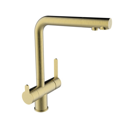 GRIFO DE COCINA MONOMANDO 3 VÍAS CON 2 MANDOS Y 2 SALIDAS DE AGUA PARA TRATAMIENTO. NEXUS ORO CEPILLADO EXTRAÍBLE COLD OPEN