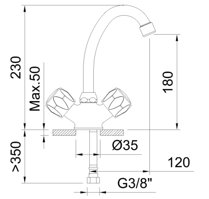 GRIFO DE LAVABO BIMANDO G180 180MM CON VÁLVULA DE DESAGÜE SINTÉTICO NF WITH2 GUAYAMA