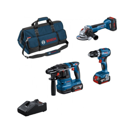 PACK BOSCH TALADRO GSB 18V-45 + AMOLADORA GWS 18V-10 + MARTILLO GBH 18V-22 (2X5 AH + 1X5.5 AH PROCORE + CARGADOR + BOLSA)