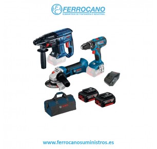 PACK BOSCH TALADRO GSB + AMOLADORA GWS + MARTILLO GBH + ACCESORIOS (2 GBA 18V 5.0AH + PC18V 5.5AH + GAL)