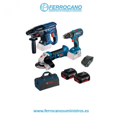 PACK BOSCH TALADRO GSB + AMOLADORA GWS + MARTILLO GBH + ACCESORIOS (2 GBA 18V 5.0AH + PC18V 5.5AH + GAL)