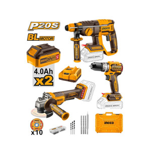 PACK HERRAMIENTAS INGCO 20V TALADRO + AMOLADORA + MARTILLO PERFORADOR CON ACCESORIOS (CARGADOR + 2 BATERÍAS 4AH + MALETIN)