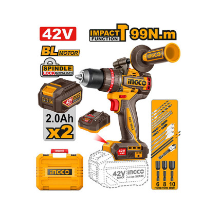 TALADRO ATORNILLADOR INGCO 42V 99NM CON ACCESORIOS (CARGADOR + 2 BATERÍAS 2AH + MALETIN)