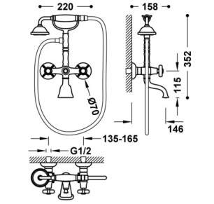 GRIFO BIMANDO MURAL PARA BAÑERA Y DUCHA TRES CLASIC LATÓN VIEJO MATE 24217601LM