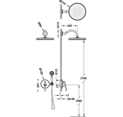 KIT DE GRIFO MONOMANDO EMPOTRADO DE 2 VÍAS PARA DUCHA TRES CLASIC LATÓN VIEJO MATE 24218003LM