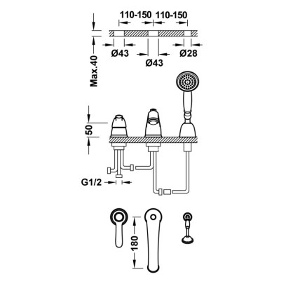GRIFO MONOMANDO PARA BORDE DE BAÑERA TRES CLASIC CROMO 24214501