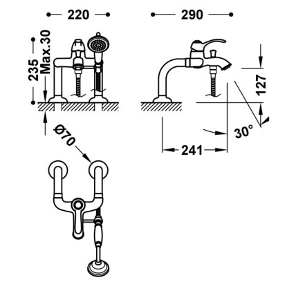 GRIFO MONOMANDO PARA BORDE DE BAÑERA CON TOMAS DE AGUA ACODADAS TRES CLASIC CROMO 24219401