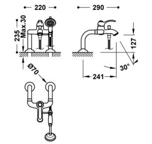 GRIFO MONOMANDO PARA BORDE DE BAÑERA CON TOMAS DE AGUA ACODADAS TRES CLASIC ACERO 24219401AC