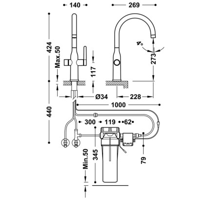 GRIFO MONOMANDO DE 2 VÍAS PARA COCINA, PARA AGUA DE RED Y FILTRADA TRES ESPACIO DE COCINA CAVA DORADO 23045301CA