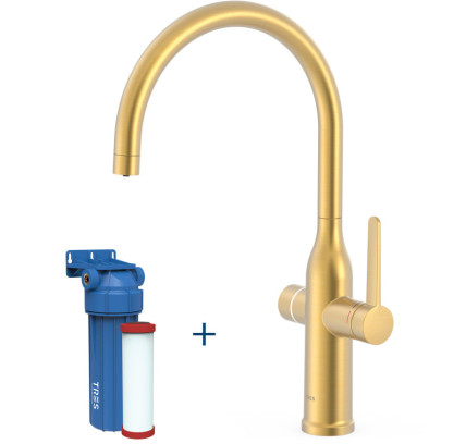GRIFO MONOMANDO DE 2 VÍAS PARA COCINA, PARA AGUA DE RED Y FILTRADA TRES ESPACIO DE COCINA ORO MATE 24K 23045301OM