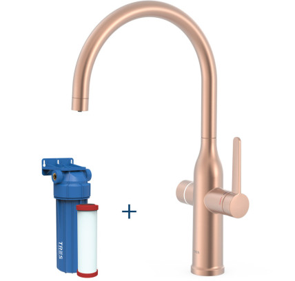 GRIFO MONOMANDO DE 2 VÍAS PARA COCINA, PARA AGUA DE RED Y FILTRADA TRES ESPACIO DE COCINA ORO ROSA MATE 24K 23045301OPM