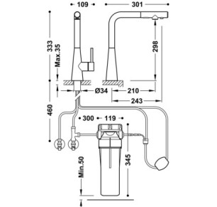 GRIFO MONOMANDO DE 2 VÍAS CON CAÑO EXTRAÍBLE PARA COCINA,AGUA DE RED Y FILTRADA TRES ESPACIO COCINA ACERO INOXIDABLE 23045404