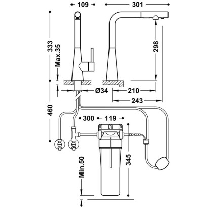 GRIFO MONOMANDO DE 2 VÍAS CON CAÑO EXTRAÍBLE PARA COCINA,AGUA DE RED Y FILTRADA TRES ESPACIO COCINA ACERO INOXIDABLE 23045404