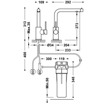 GRIFO MONOMANDO DE 2 VÍAS PARA COCINA, PARA AGUA DE RED Y FILTRADA TRES ESPACIO DE COCINA NEGRO MATE 23045403NM