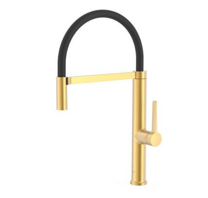 GRIFO MONOMANDO CON CAÑO FLEXIBLE PARA COCINA TRES ESPACIO DE COCINA ORO MATE 24K 23048701OM