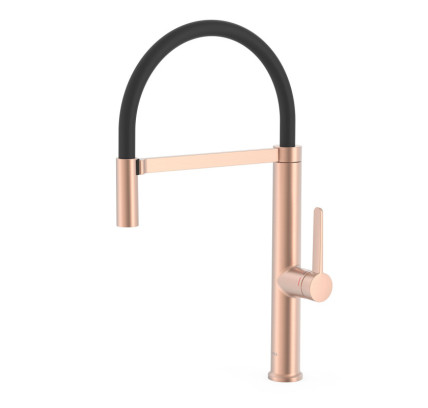GRIFO MONOMANDO CON CAÑO FLEXIBLE PARA COCINA TRES ESPACIO DE COCINA ORO ROSA MATE 24K 23048701OPM