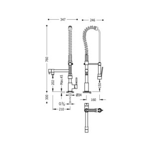 GRIFO MONOMANDO DOBLE CON DUCHA EXTRAÍBLE PARA COCINA INDUSTRIAL TRES ESPACIO DE COCINA CROMO 130495