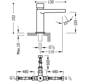 GRIFO TEMPORIZADO DE 1 AGUA CON SISTEMA PREMEZCLADOR PARA LAVABO TRES COLECTIVIDADES CROMO 20511202