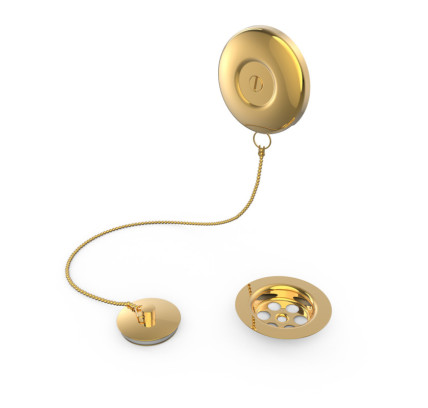 CAZOLETA PLANA DE DESAGÜE CON KIT DE ENGANCHE DE CADENILLA Y TAPÓN  ORO 24K 03474501OR