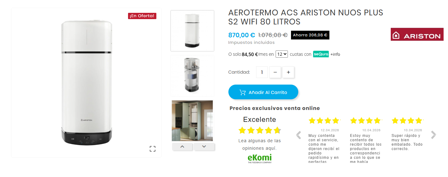 AEROTERMO ACS ARISTON NUOS PLUS S2 WIFI 80 LITROS